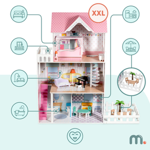 XXL Najveća drvena kućica za lutke - 123 cm - LED osvijetljena - terasa, pribor, vrt
