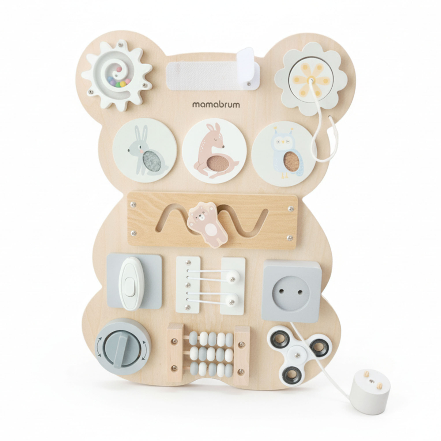 Drvena Montessori manipulativna ploča s medvjedićem - senzorno učenje samostalnosti: čičak, čep, labirint, klik gumb
