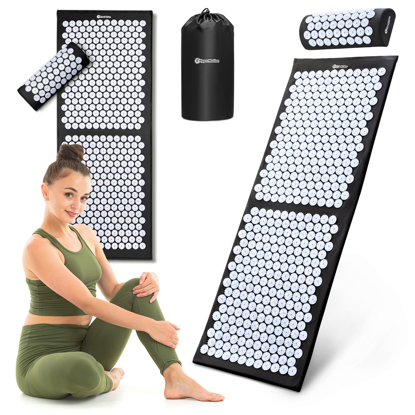 Velika akupresurna prostirka s jastukom i navlakom - 130 cm HyperMotion crno-bijela