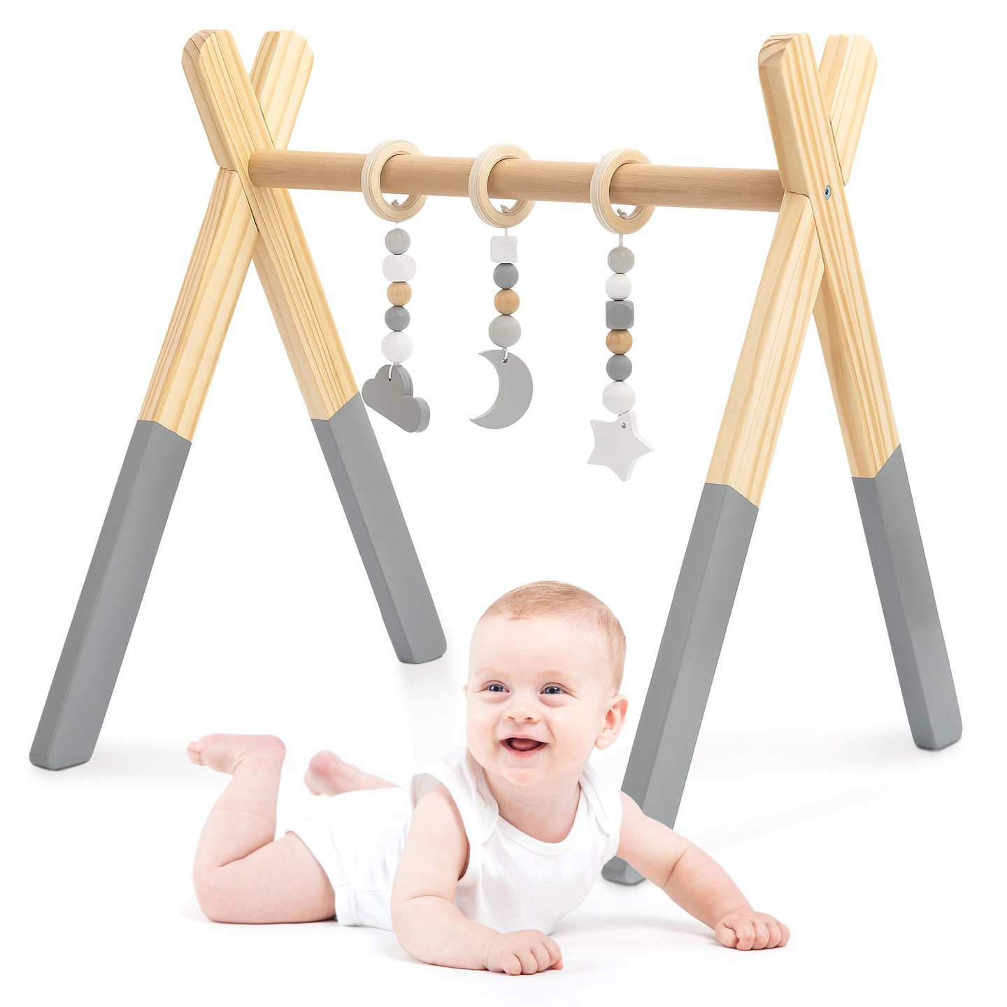 Drveni edukativni stalak za Baby Gym - siva boja