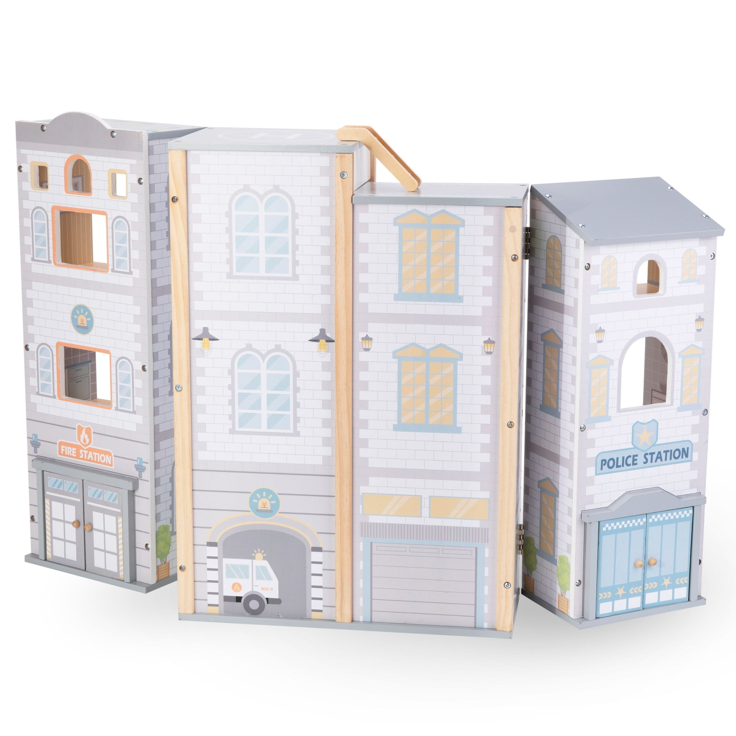Veliki sklopivi vatrogasni dom s policijskom postajom - drveni set. Vatrogasna i policijska postaja s priborom.