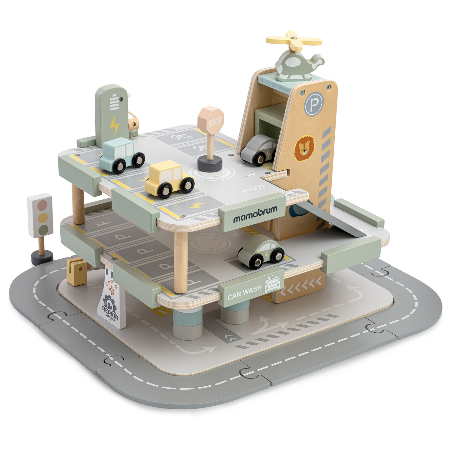 Drvena, trokatna garaža za djecu s pratećom opremom – parkiralište, benzinska postaja, autopraonica, helikopter