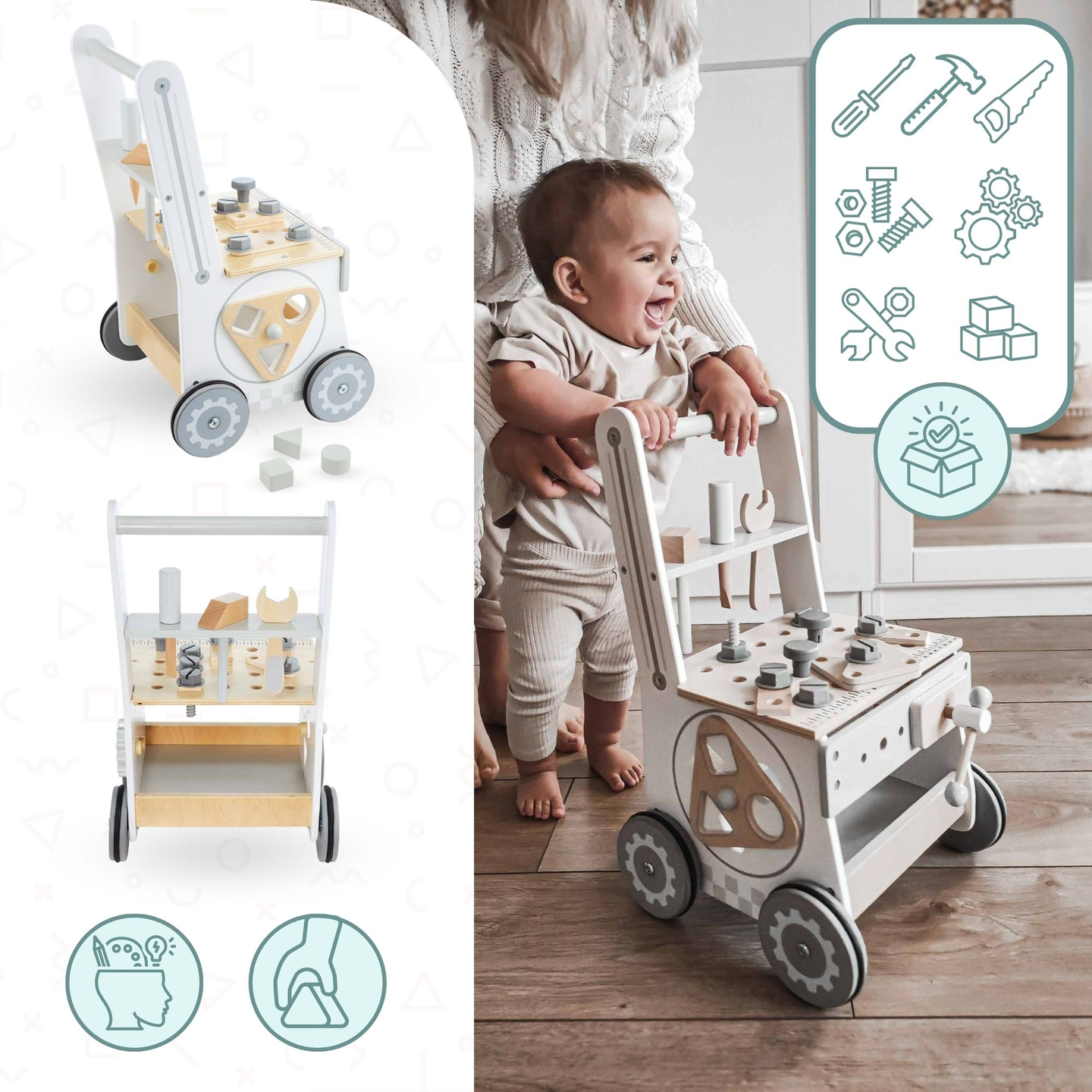 Drvena hodalica 3u1, guralica + radionica - 47 elemenata