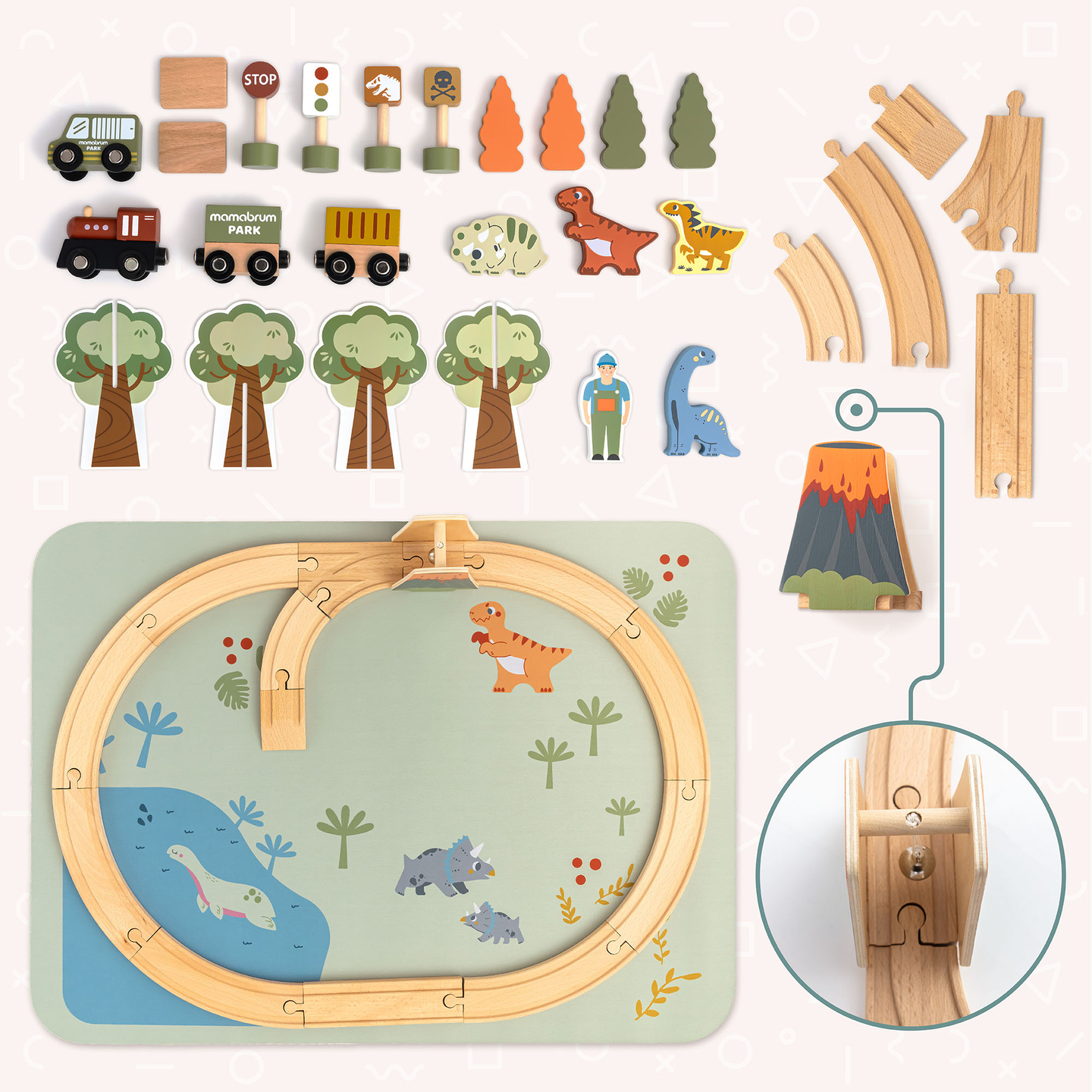 Dino Park drveni vlak s protukliznom podlogom - dinosauri, vlak, tračnice, vulkan, zvono