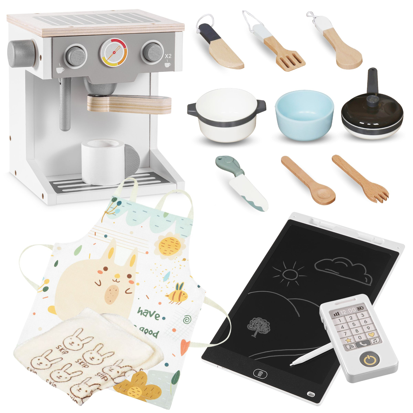 Velika, drvena XXXXL interaktivna kuhinja s LED rasvjetom, perilicom rublja, mikrovalnom pećnicom, aparatom za kavu i setom povrća i voća - 50 elemenata