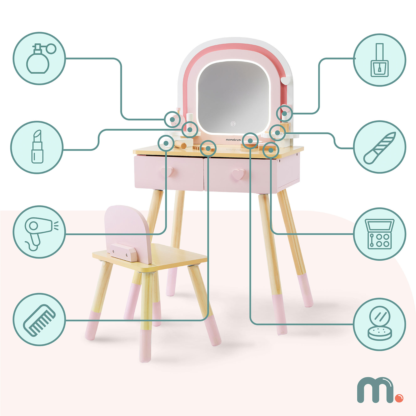 Drveni toaletni stolić za djecu s LED rasvjetom s glatkim podešavanjem svjetline, stolicom i priborom