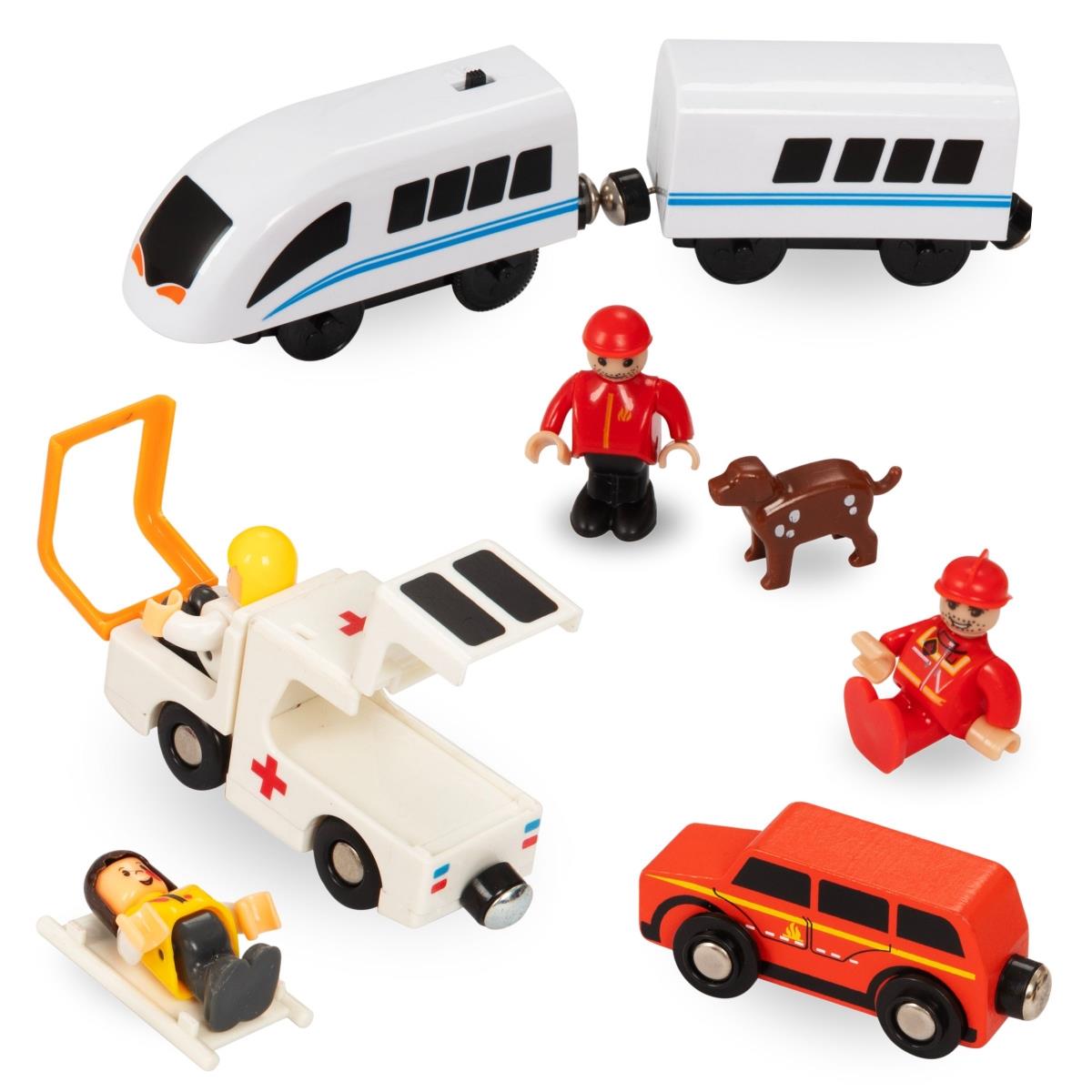 Drveni vlak, vlak na baterije - vatrogasci, tračnice, automobili, mostovi, barijere