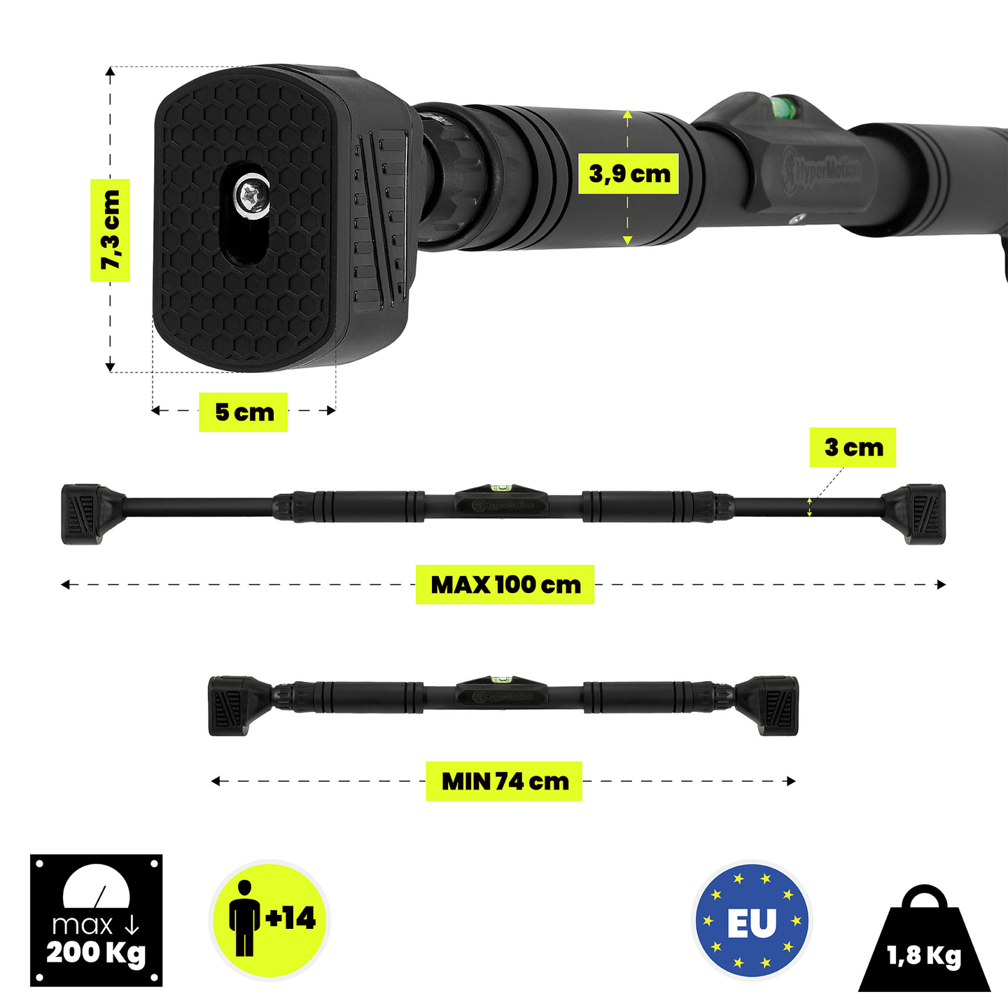 HyperMotion Podesiva šipka za zgibove 74-100 cm, 200 kg, crna