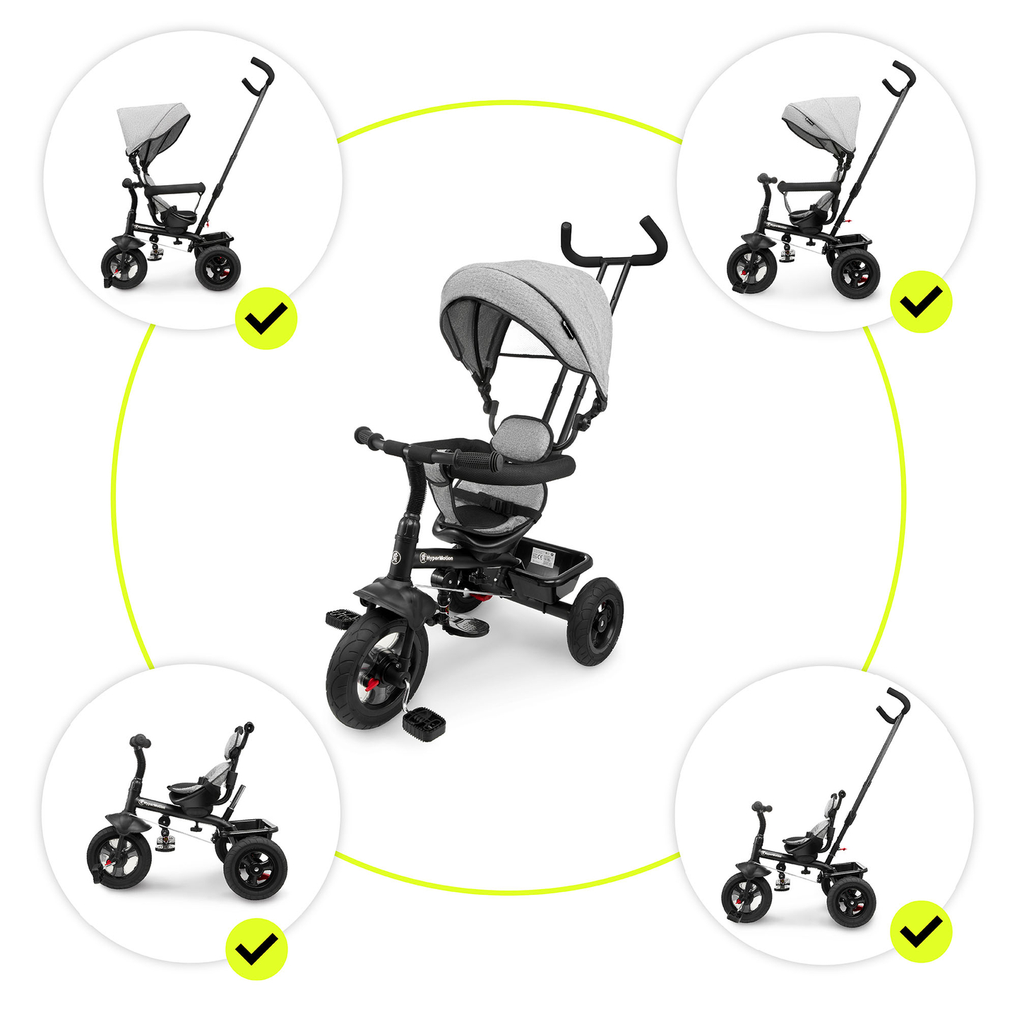 Tricikl za djecu 1-4 godine - TOBI FREY - siva boja - okretna - kotači na napuhavanje + guralica