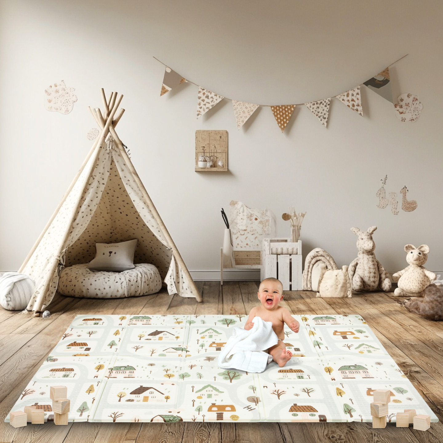 Dvostrana sklopiva pjenasta prostirka 180 x 120 x 1 cm - Charming town/Sand Beige