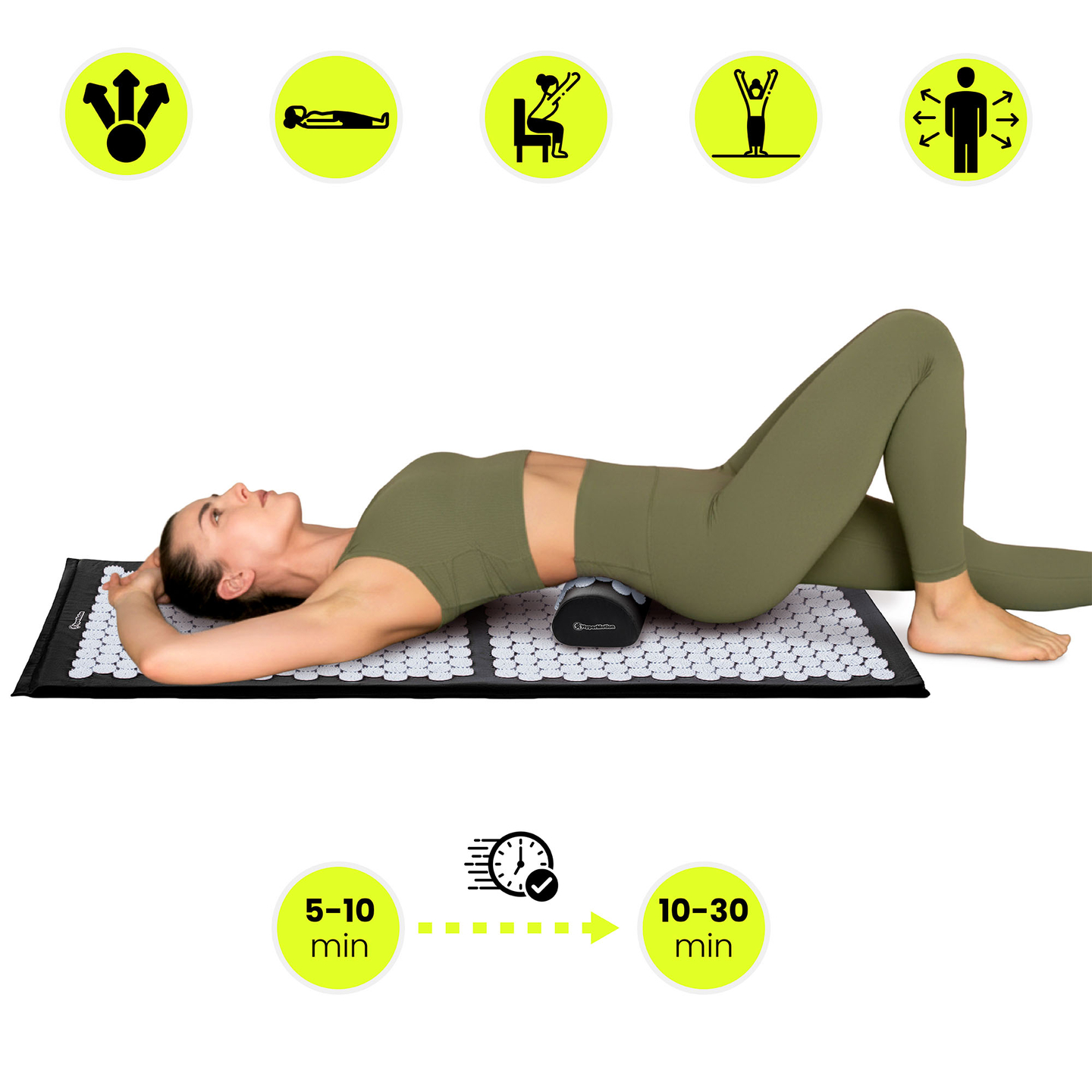 Velika akupresurna prostirka s jastukom i navlakom - 130 cm HyperMotion crno-bijela