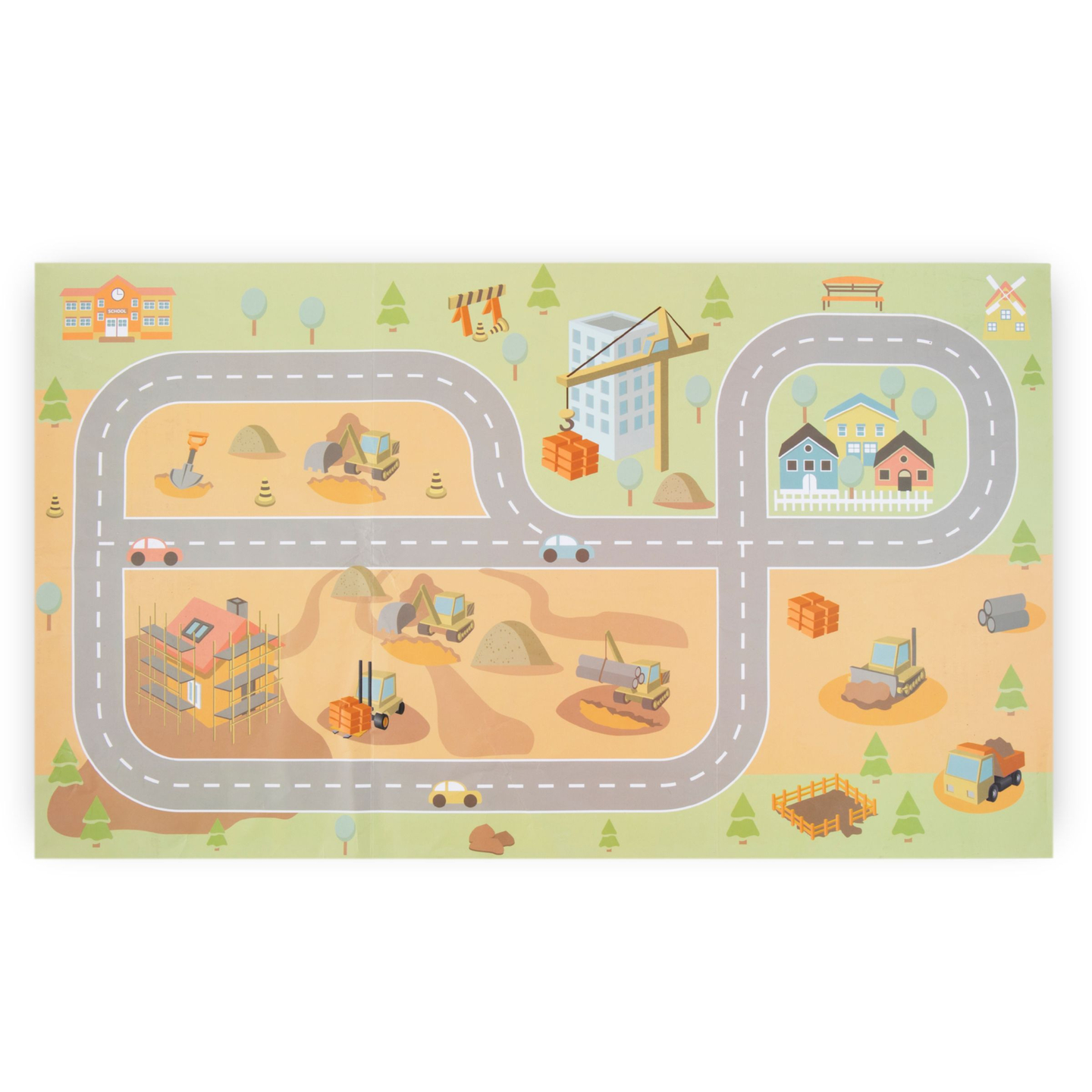 Drveno gradilište s velikim pokretnim kranom i vozilima, toranjski kran