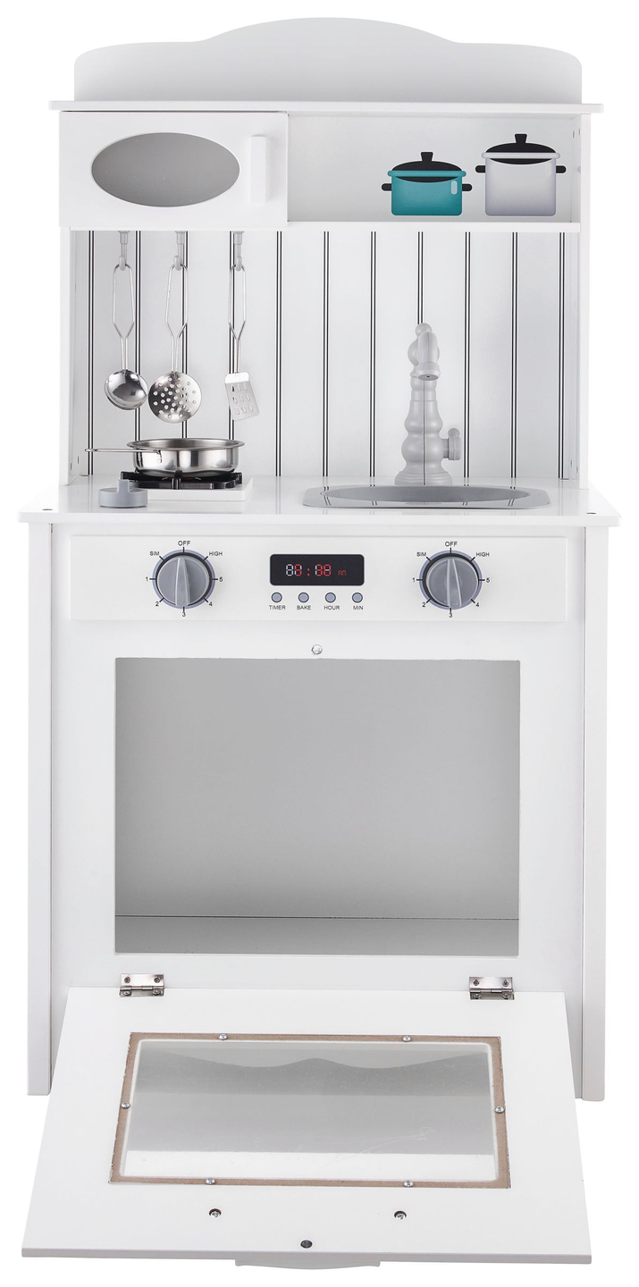 Bijela drvena kuhinja s pregačom, priborom i LED lampom