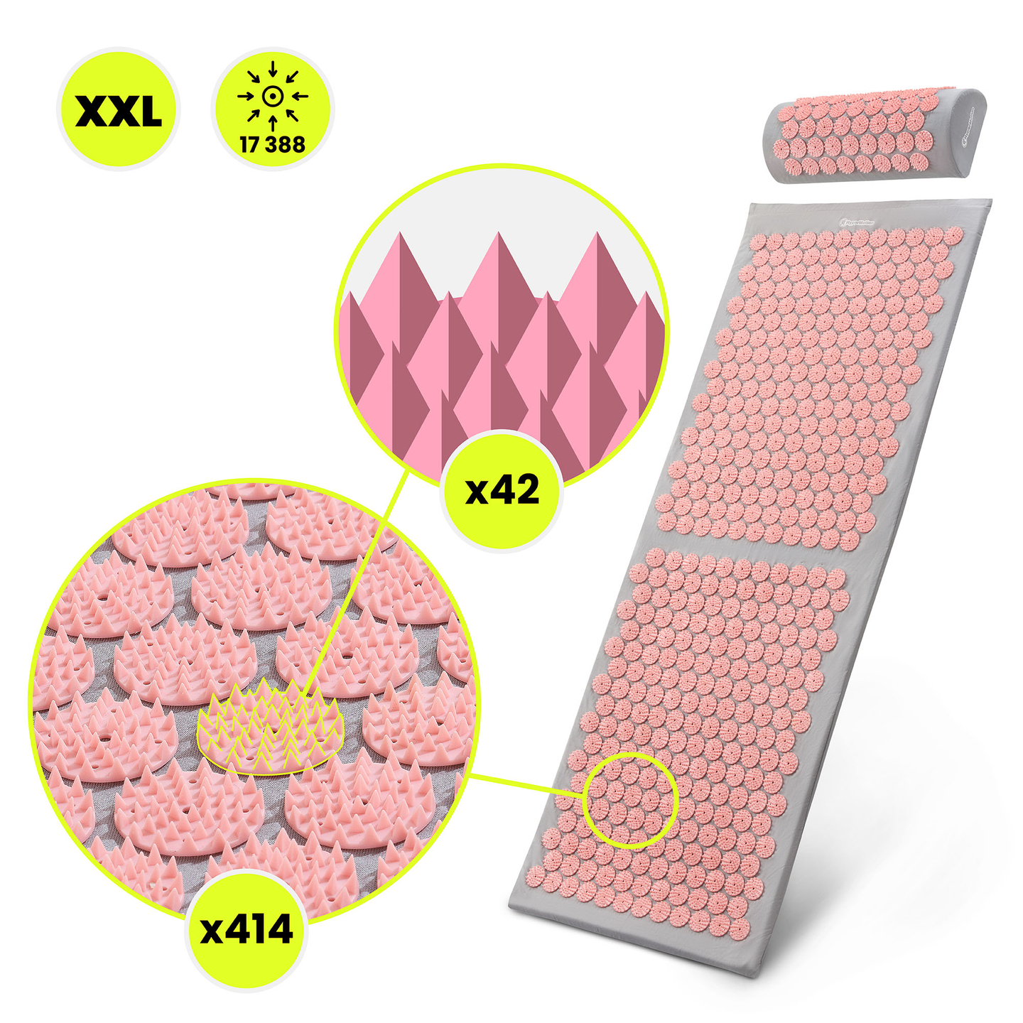 Velika akupresurna prostirka s jastukom i navlakom - 130 cm HyperMotion siva i roza