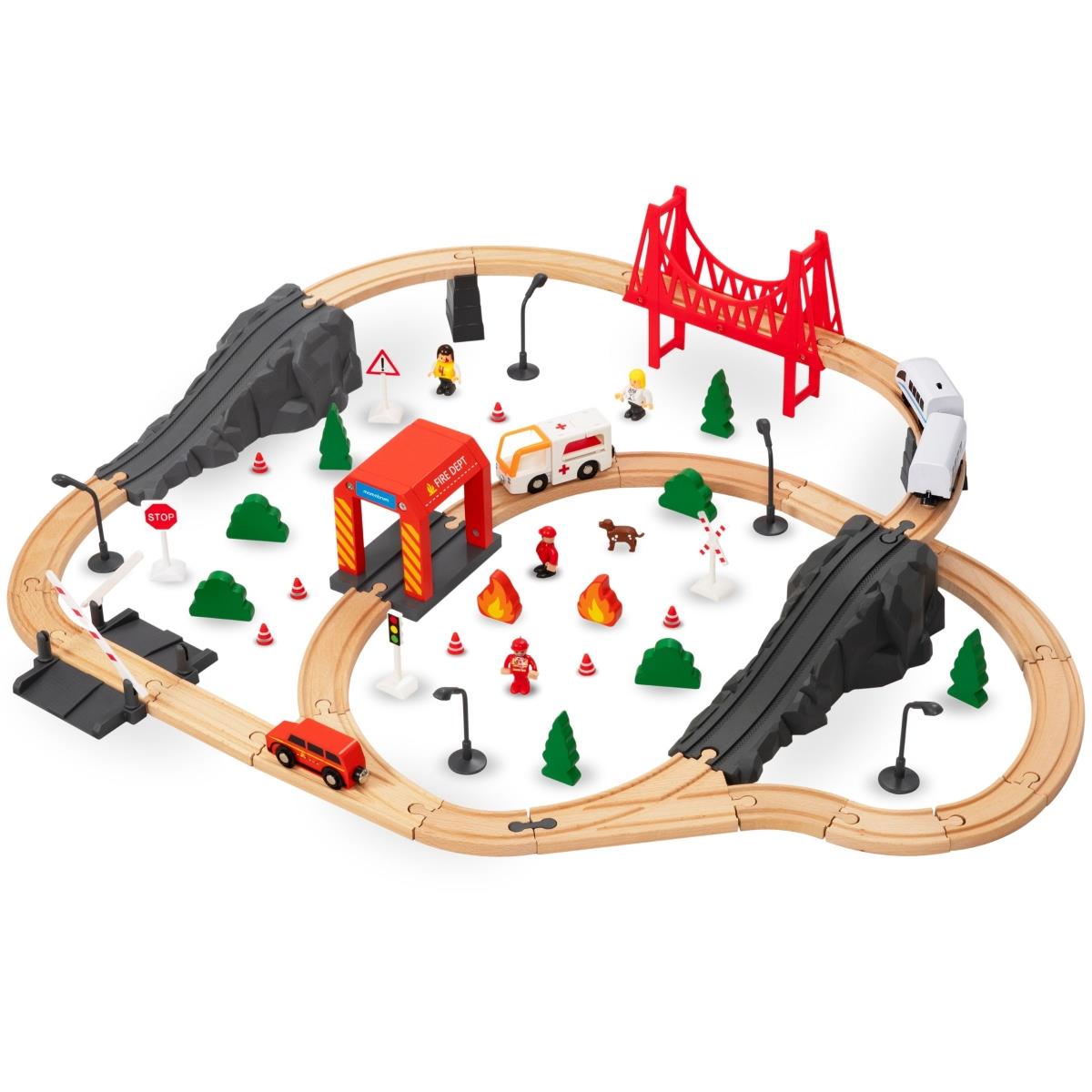 Drveni vlak, vlak na baterije - vatrogasci, tračnice, automobili, mostovi, barijere