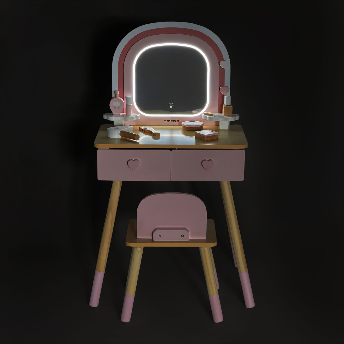Drveni toaletni stolić za djecu s LED rasvjetom s glatkim podešavanjem svjetline, stolicom i priborom