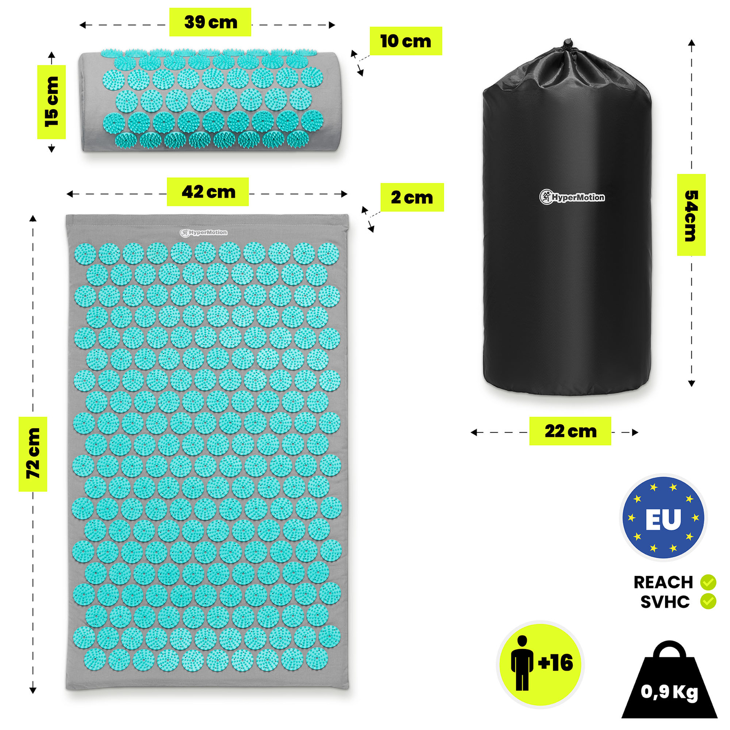 Prostirka za akupresuru s jastukom i navlakom - 72 cm HyperMotion sivo-menta