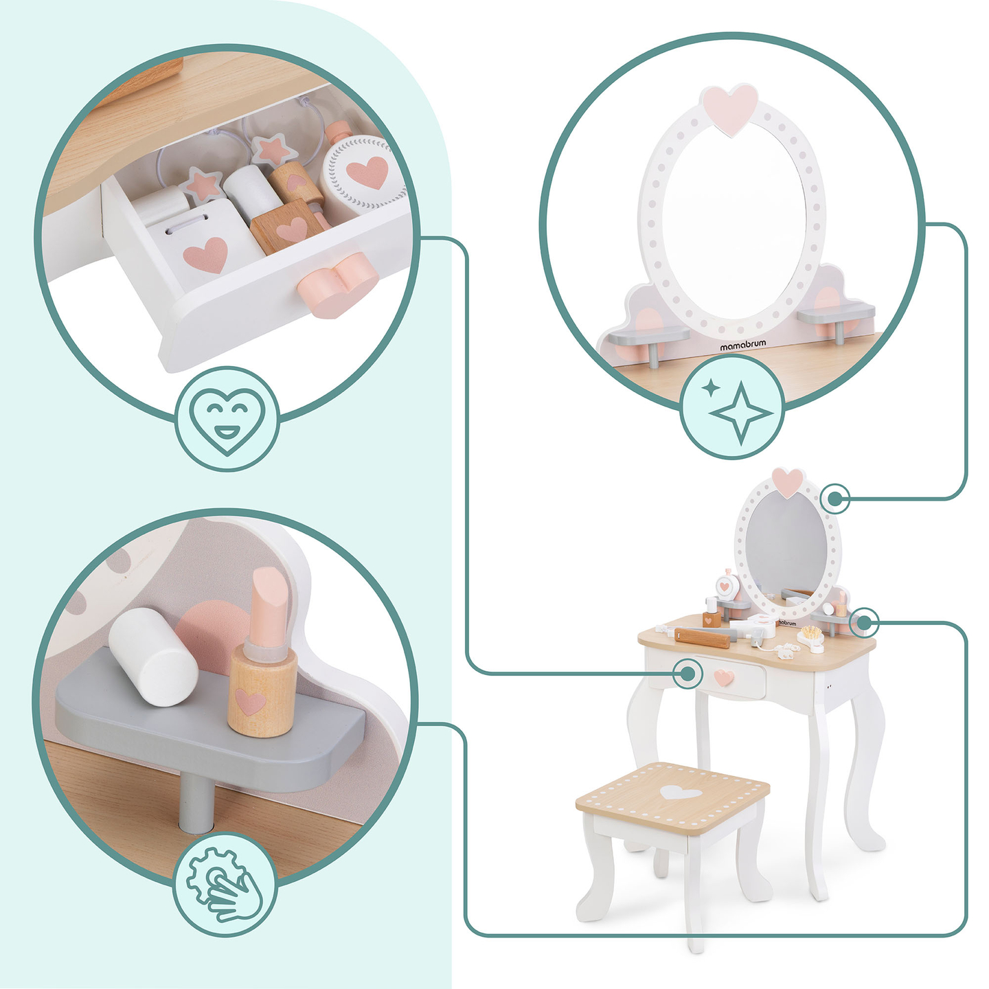 Drveni toaletni stol sa stolicom i dodacima