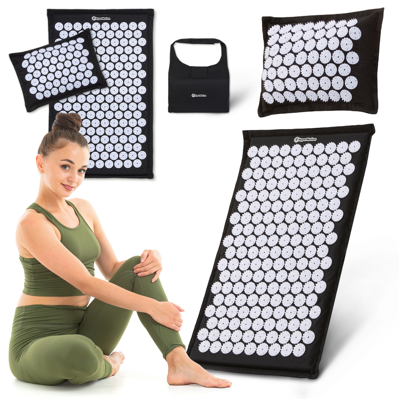 EKO lanena prostirka za akupresuru s kokosovim vlaknima i jastukom od heljde – 68 cm HyperMotion crno-bijela