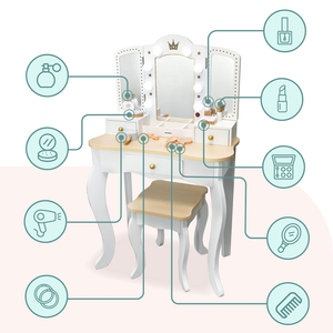 XXL drveni toaletni stolić sa stolicom i LED rasvjetom za djecu + pribor