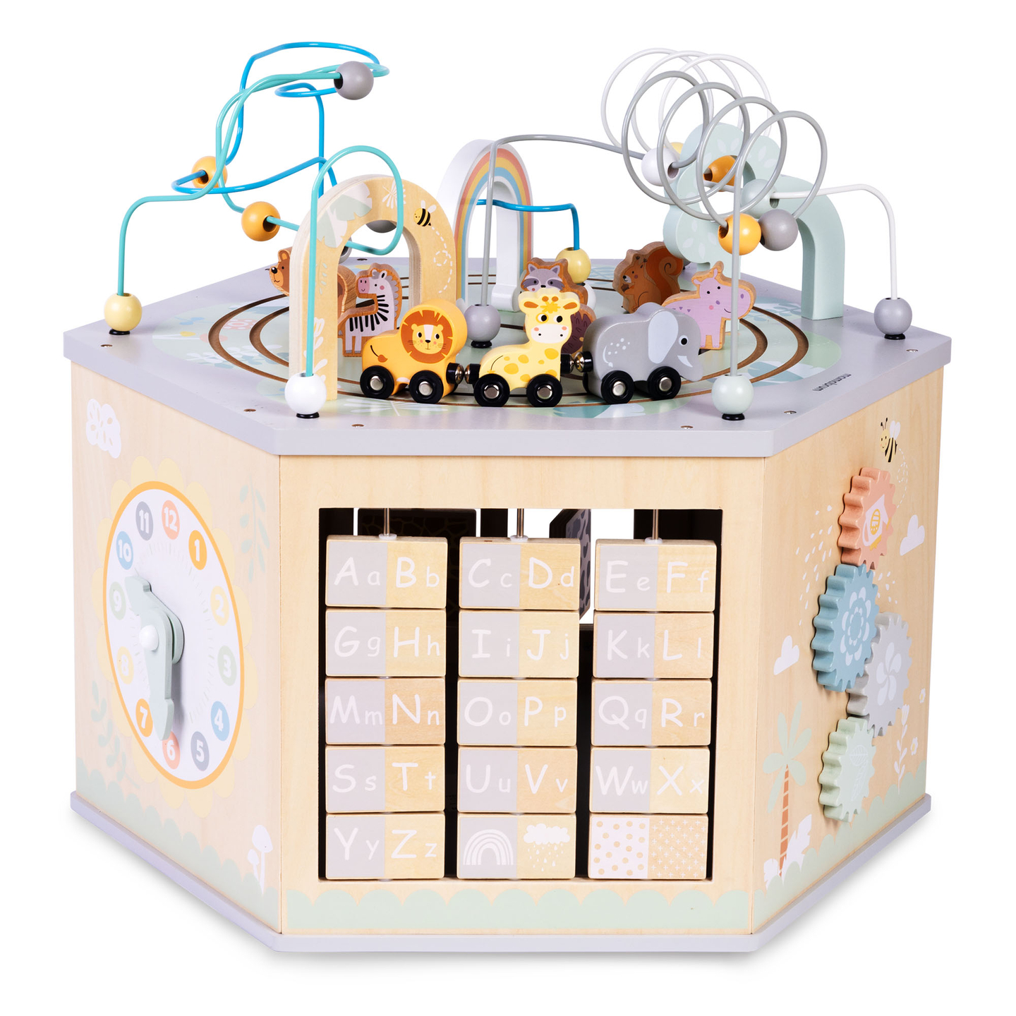 Velika drvena edukativna kocka - Montessori igračka s magnetskim vlakom i motornim petljama