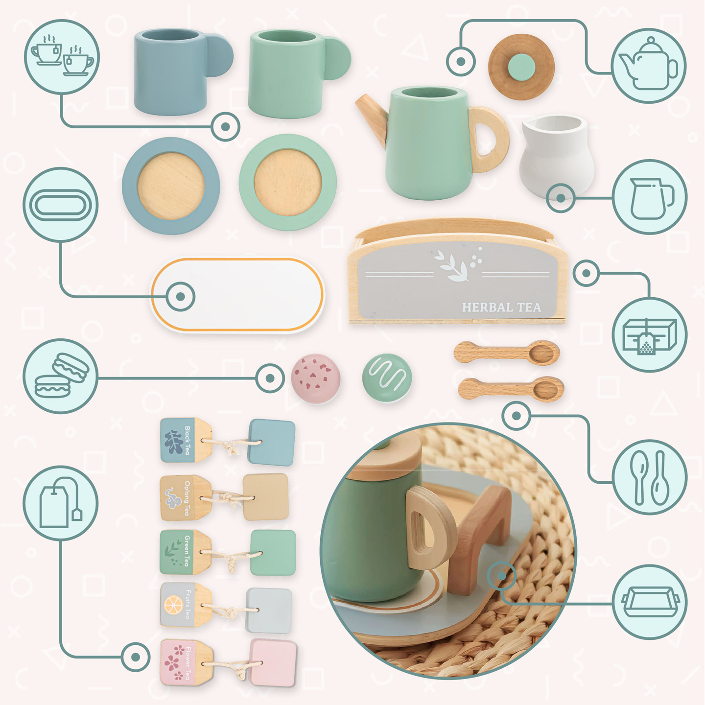 Veliki drveni set za čaj s pladnjem - 18 dijelova