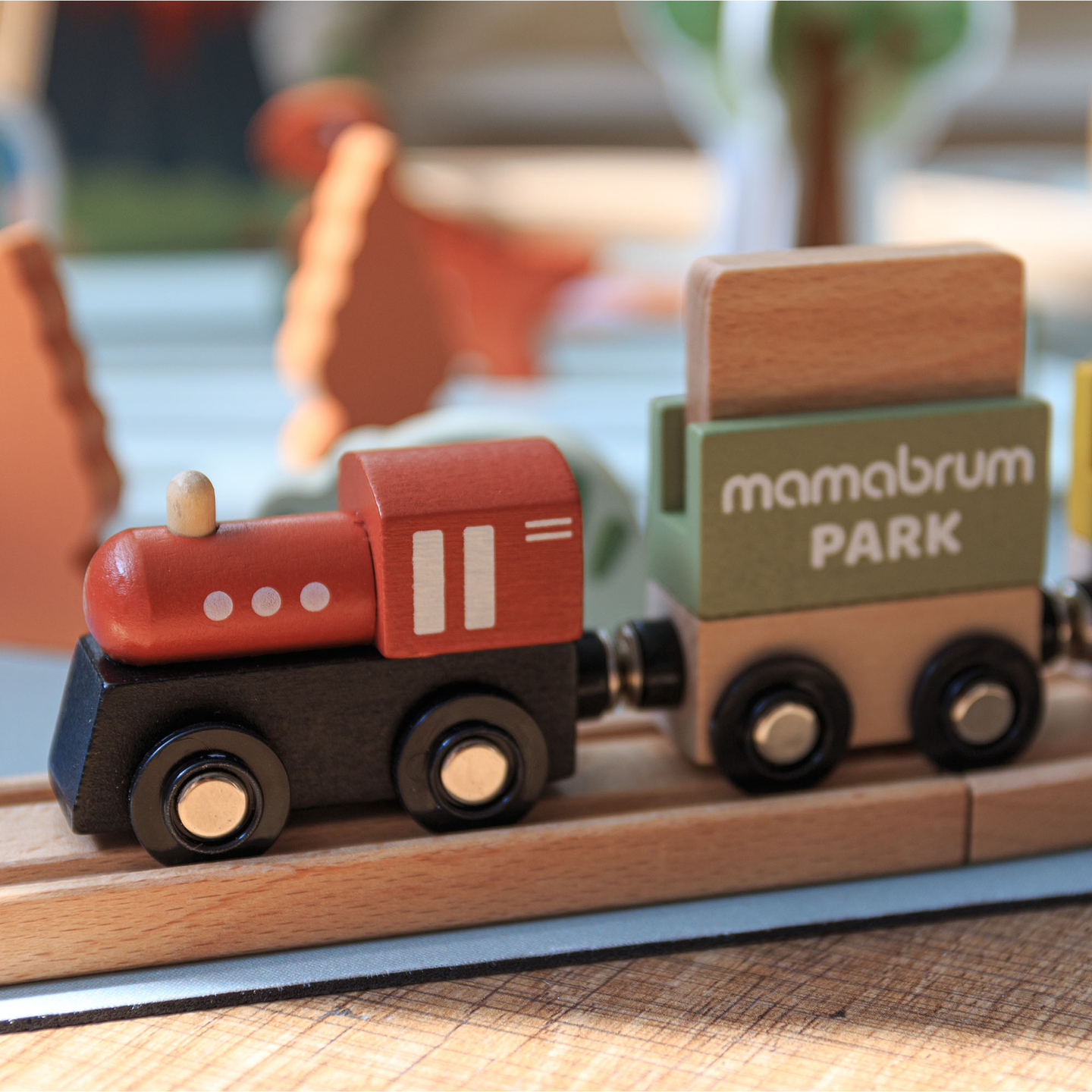 Dino Park drveni vlak s protukliznom podlogom - dinosauri, vlak, tračnice, vulkan, zvono