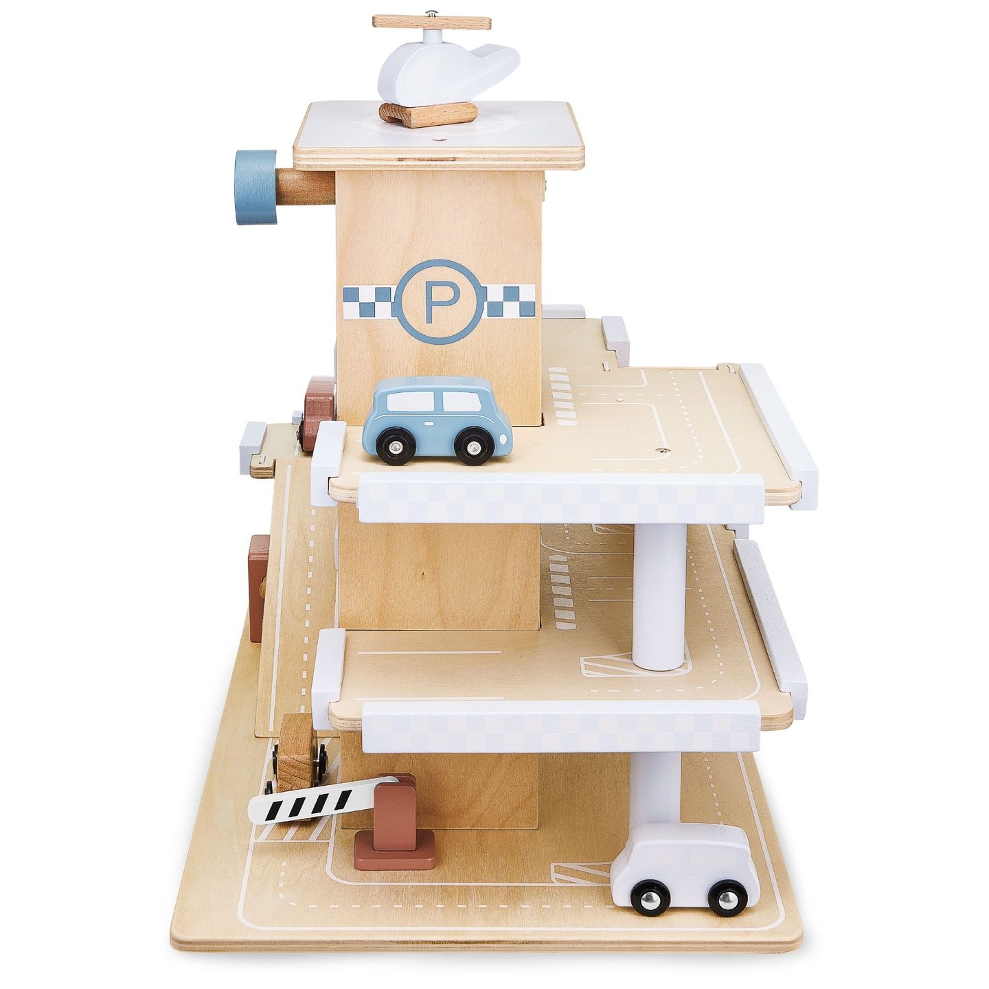 Drveni troetažni parking sa liftom - garaža sa automobilima i helikopterom