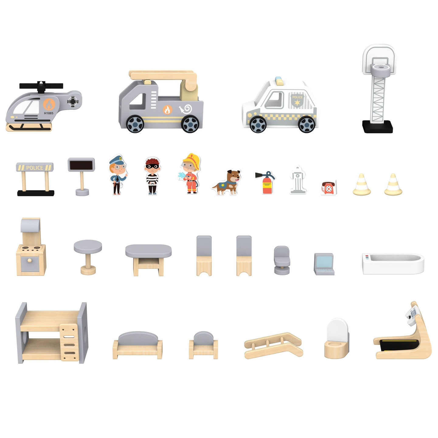 Veliki sklopivi vatrogasni dom s policijskom postajom - drveni set. Vatrogasna i policijska postaja s priborom.