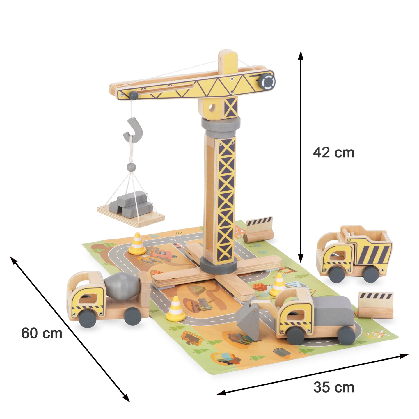 Drveno gradilište s velikim pokretnim kranom i vozilima, toranjski kran