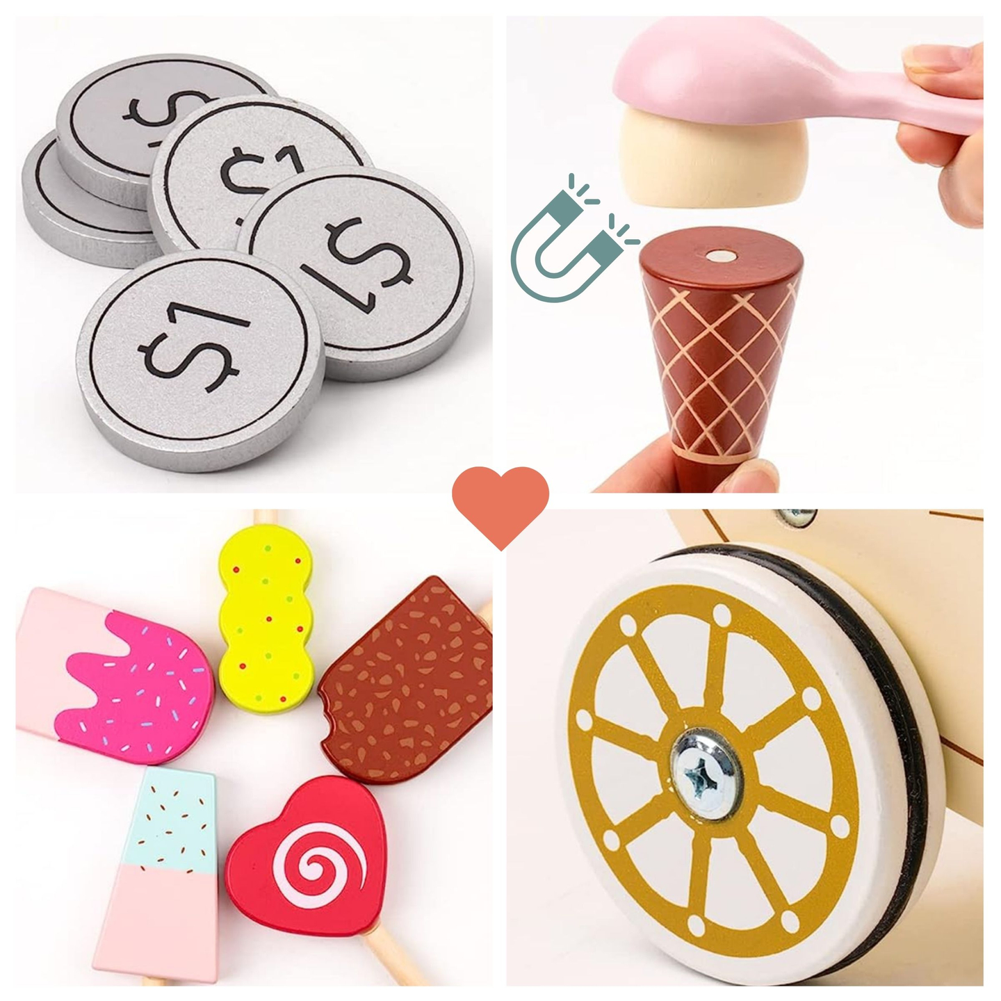 Drvena sladoledarnica za djecu - kolica na kotačićima s dodacima