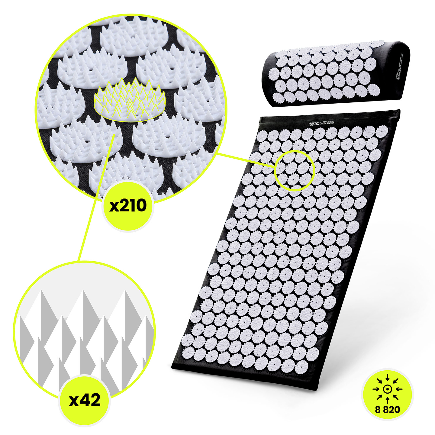 Prostirka za akupresuru s jastukom i navlakom - 72 cm HyperMotion crno-bijela