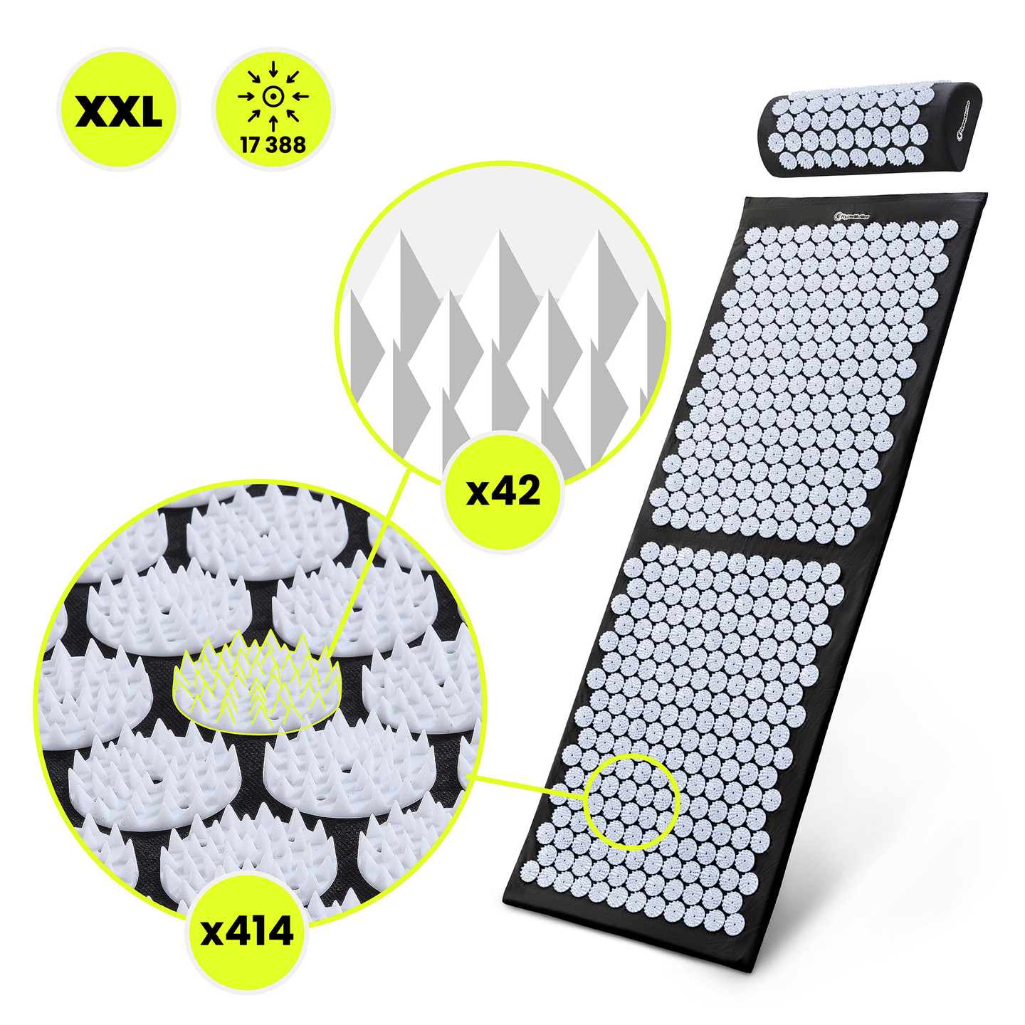 Velika akupresurna prostirka s jastukom i navlakom - 130 cm HyperMotion crno-bijela