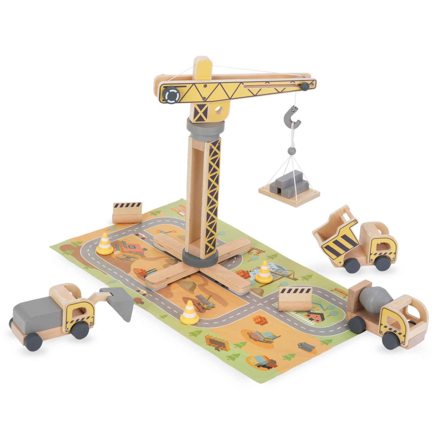 Drveno gradilište s velikim pokretnim kranom i vozilima, toranjski kran