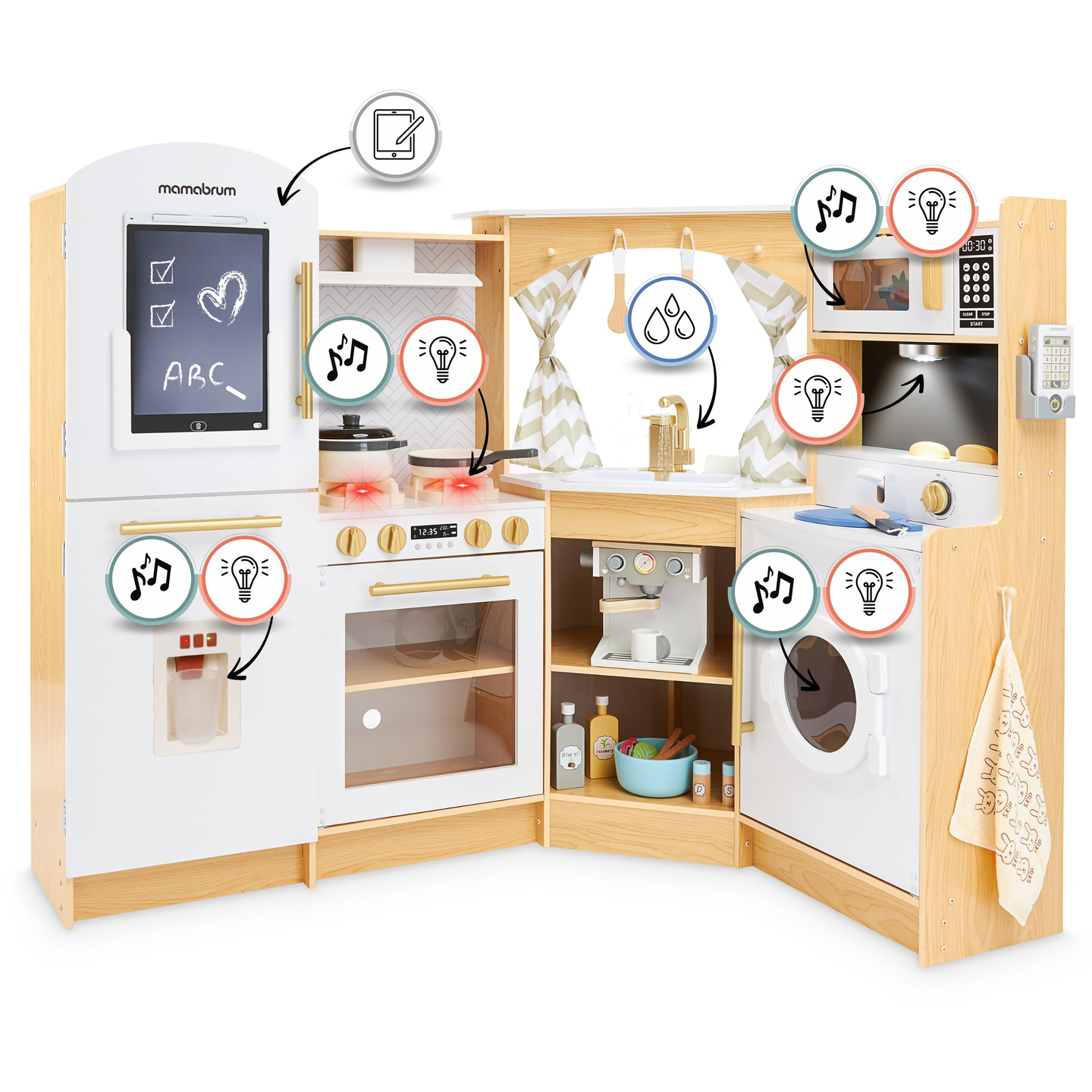 Velika, drvena XXXXL interaktivna kuhinja s LED rasvjetom, perilicom rublja, mikrovalnom pećnicom, aparatom za kavu i setom povrća i voća - 50 elemenata