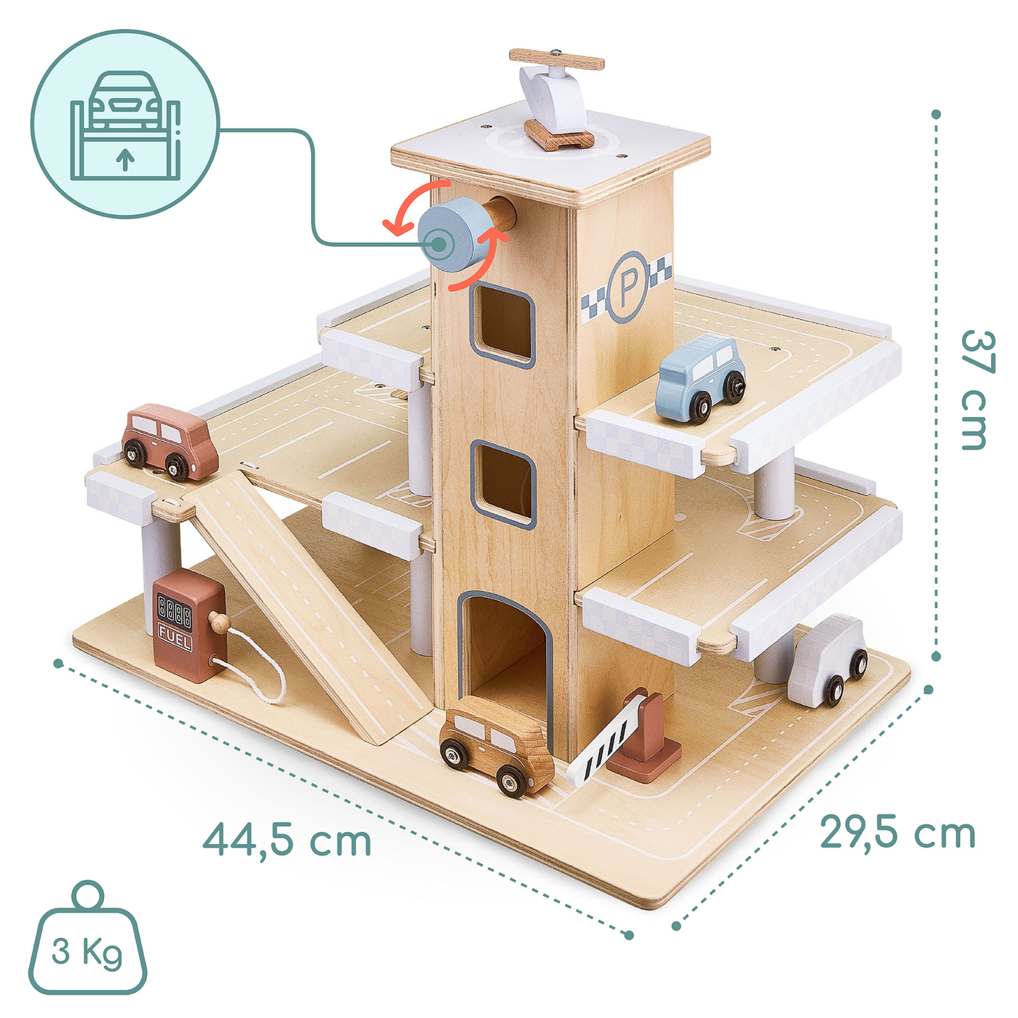 Drveni troetažni parking sa liftom - garaža sa automobilima i helikopterom