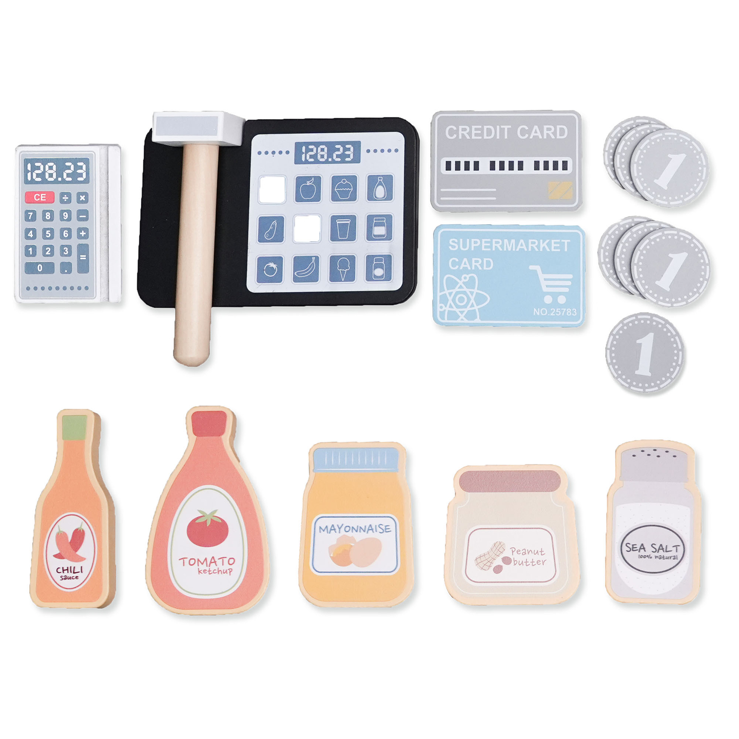 Velika drvena XXXL trgovina za djecu s šankom brze hrane - Kutna trgovina + Aparat za kavu + Pećnica + Hladnjak - 106 dodataka.