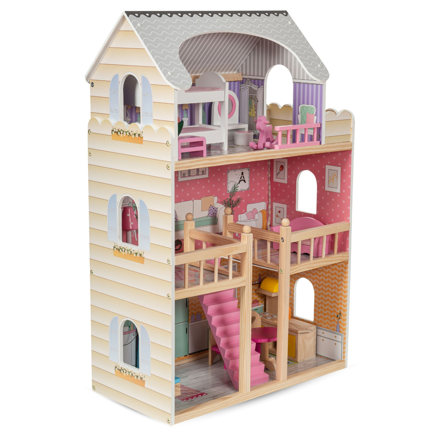 Velika drvena kućica za lutke na 3 kata s terasom, kompletom namještaja i LED rasvjetom!
