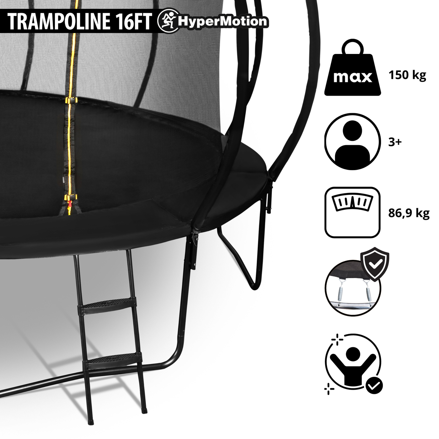XXXL vrtni trampolin za djecu HyperMotion - 487 cm 16FT - s ljestvama i unutarnjom mrežom - za dom i vrt - 150 kg max