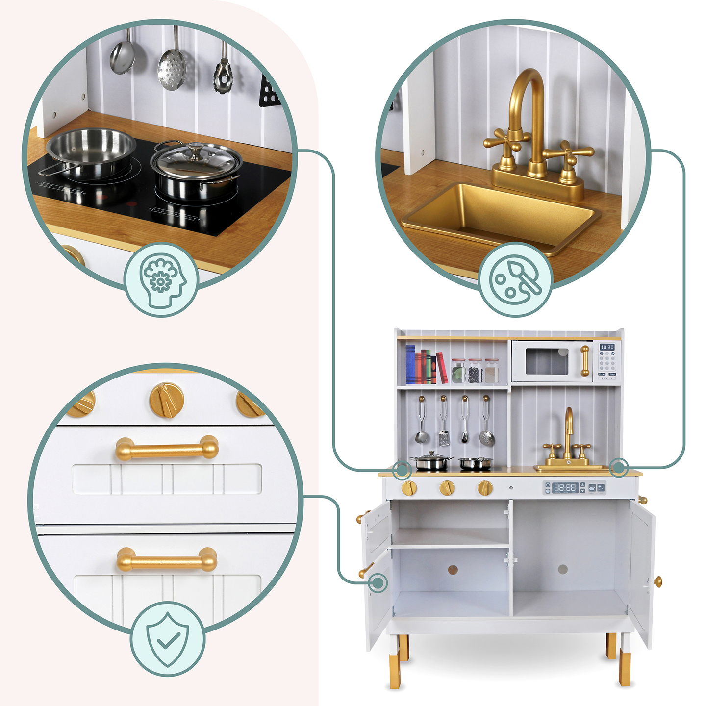 Drvena bijela kuhinja s priborom i pregačom