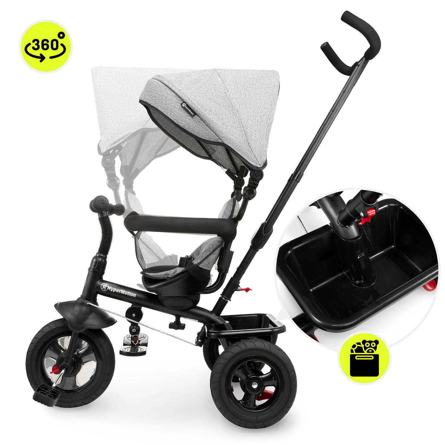 Tricikl za djecu 1-4 godine - TOBI FREY - siva boja - okretna - kotači na napuhavanje + guralica