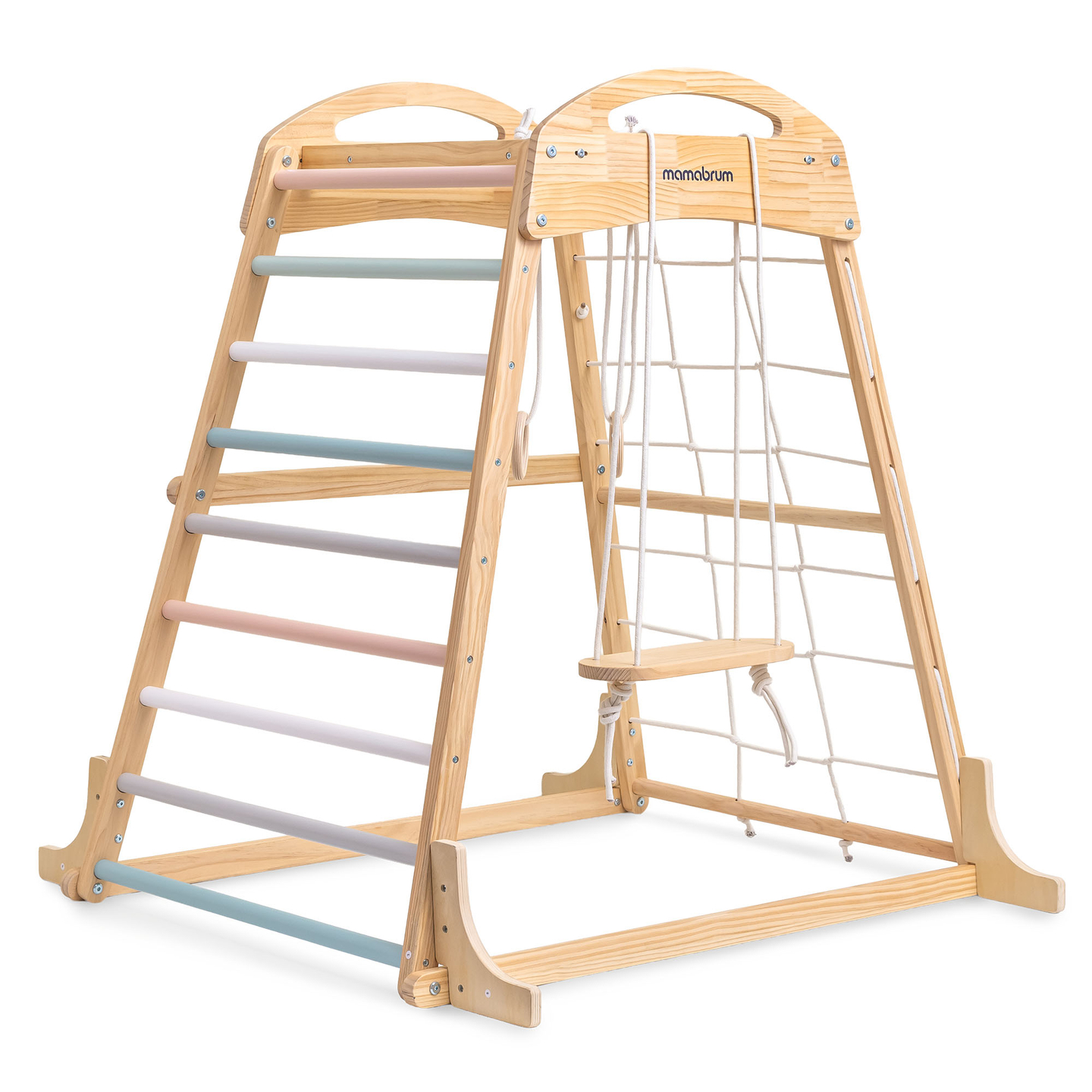 Drveno unutarnje igralište s ljuljačkom, gimnastičkim kolutovima i mrežom za penjanje