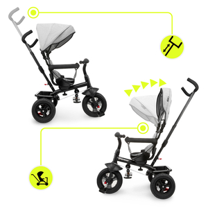 Tricikl za djecu 1-4 godine - TOBI FREY - siva boja - okretna - kotači na napuhavanje + guralica