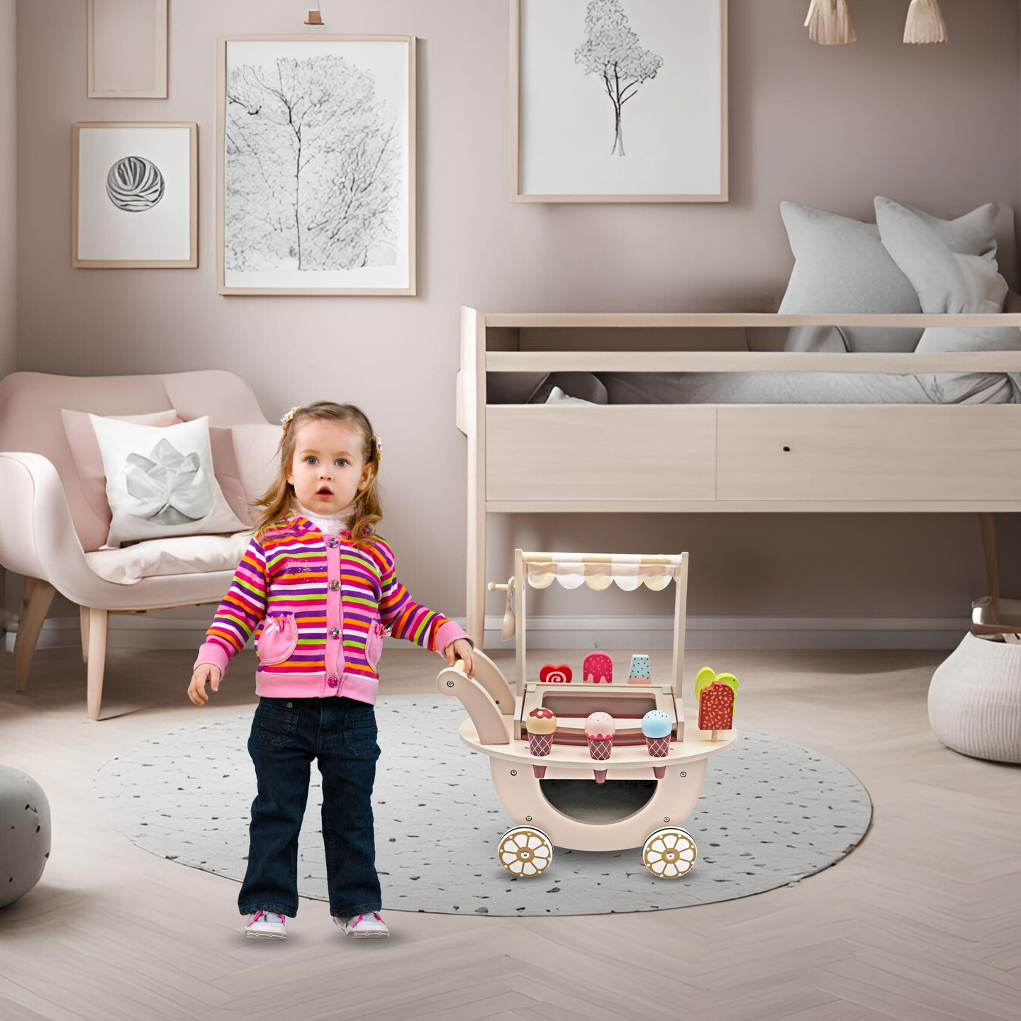 Drvena sladoledarnica za djecu - kolica na kotačićima s dodacima