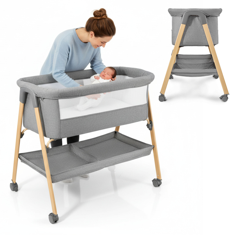 Dječji krevetić, samostojeći, putni krevetić, kolijevka s madracem - sivi