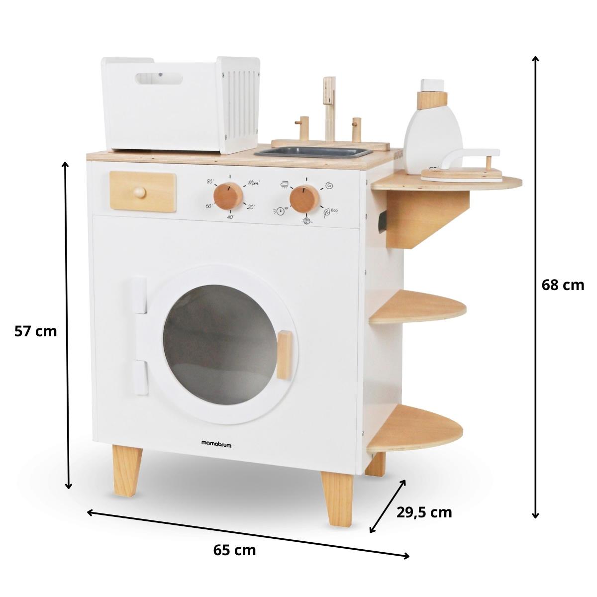 Drvena perilica rublja s glačalom, košarom i tekućinom za pranje