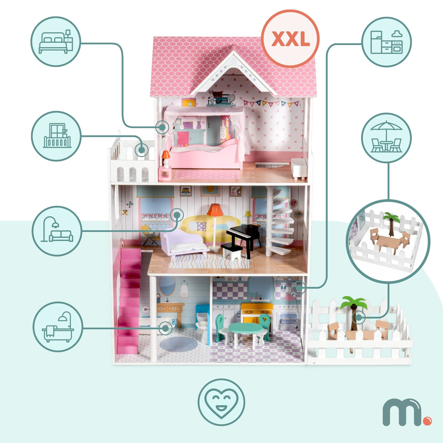 XXL Najveća drvena kućica za lutke - 123 cm - LED osvijetljena - terasa, pribor, vrt