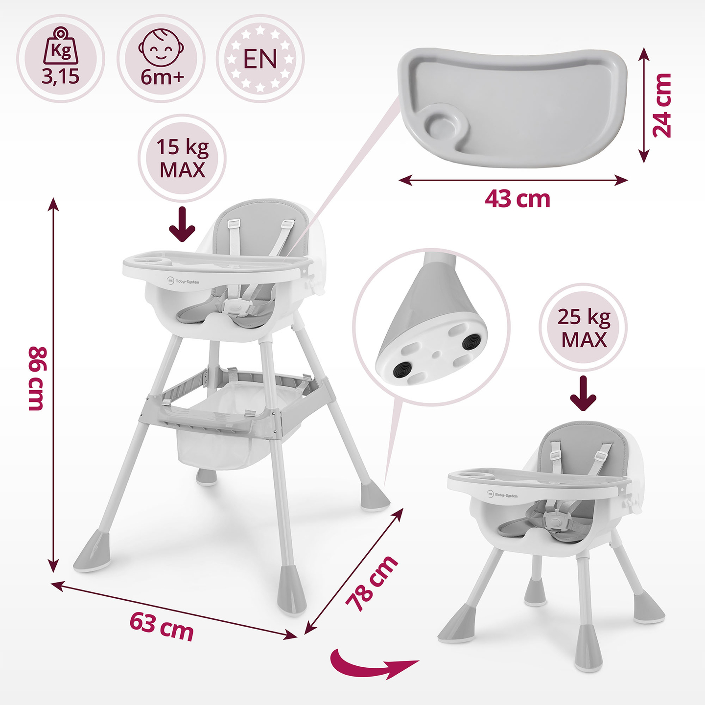 Moby-System Magnolia 2-u-1 podesiva stolica za hranjenje - siva
