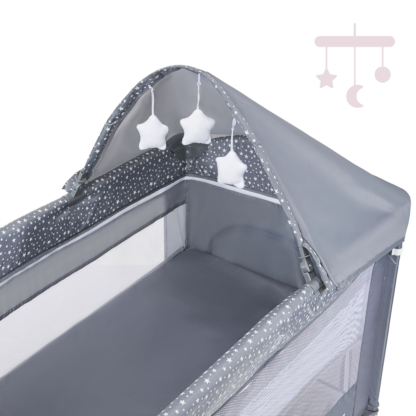 Putni krevetić / ogradica na 2 razine sa stolom za presvlačenje, krovom i madracem Happy Traveler BASIC PLUS - sivi