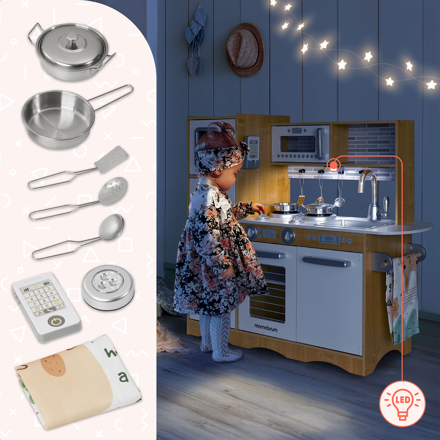 XXL drvena kuhinja s LED rasvjetom, pregačom i priborom